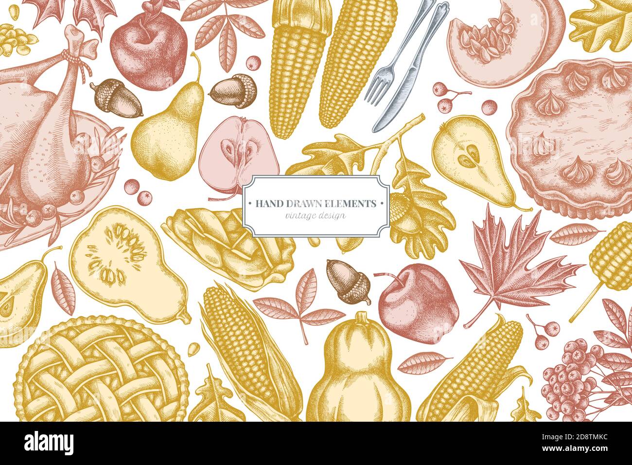 Motif avec citrouille couleur pastel, fourchette, couteau, poires, dinde, tarte à la citrouille, tarte aux pommes, maïs, pommes, rowan, érable, chêne Illustration de Vecteur