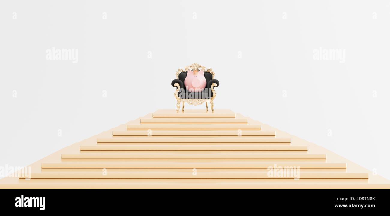 Piggy Bank avec couronne assise dans un fauteuil sur un illustration 3d de rendu de pyramide dorée Banque D'Images