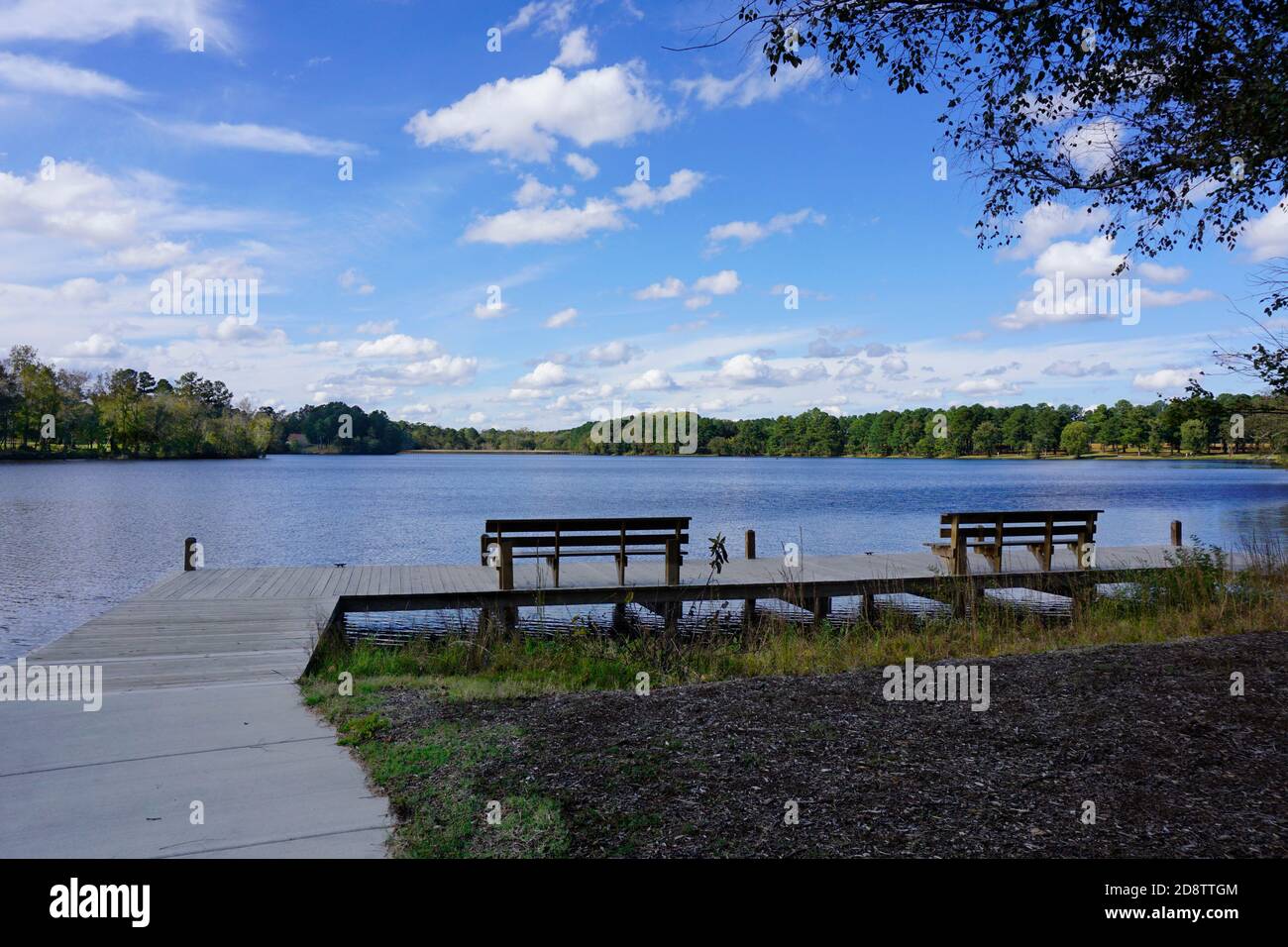 Quai vide avec bancs donnant sur un lac sous ciel bleu Banque D'Images