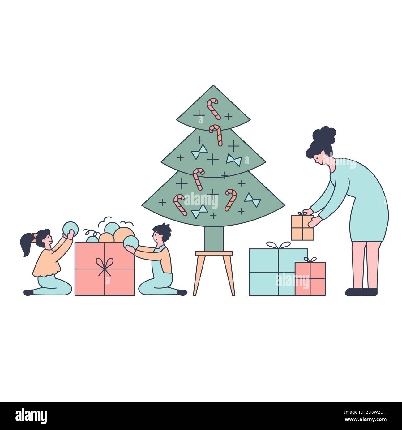 Jeune beau couple préparant des cadeaux . Cadeaux sous l'arbre de noël. Illustration vectorielle dans un style de conception à plat. Nouvelle année 2021 Illustration de Vecteur