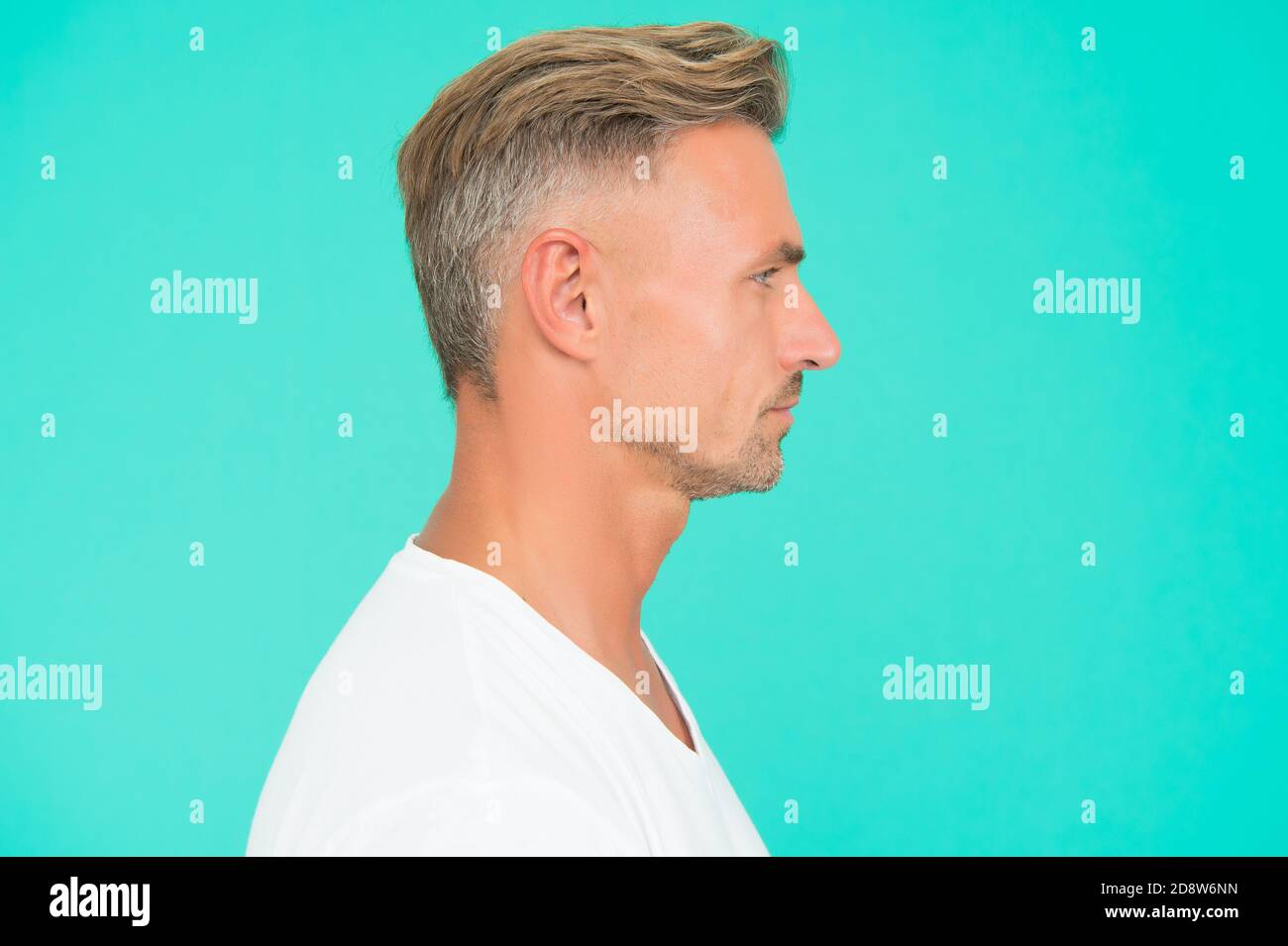Portrait De L Homme Mur Bien Entretenu Gars Dans La Vue De Profil Beau Homme A La Peau Parfaite Sur Son Visage Nouvelle Coupe De Teinture Coloriage Des Cheveux Au Coiffeur Hommes Beaute