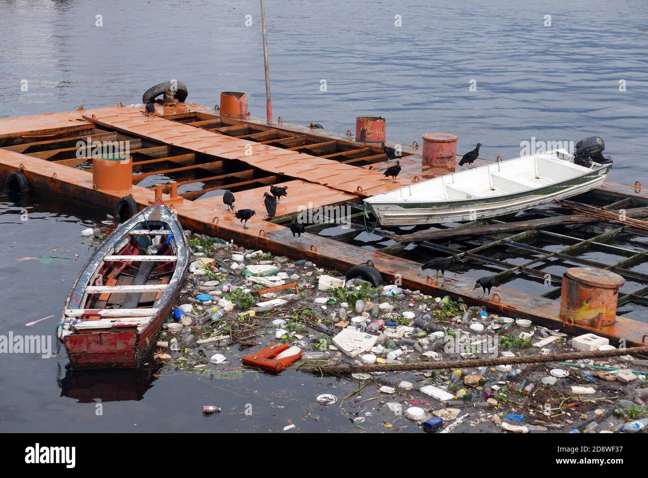 Déchets flottant près du Brésil amarré bateaux dans le port d'Amazone de Manaus Brésil Banque D'Images