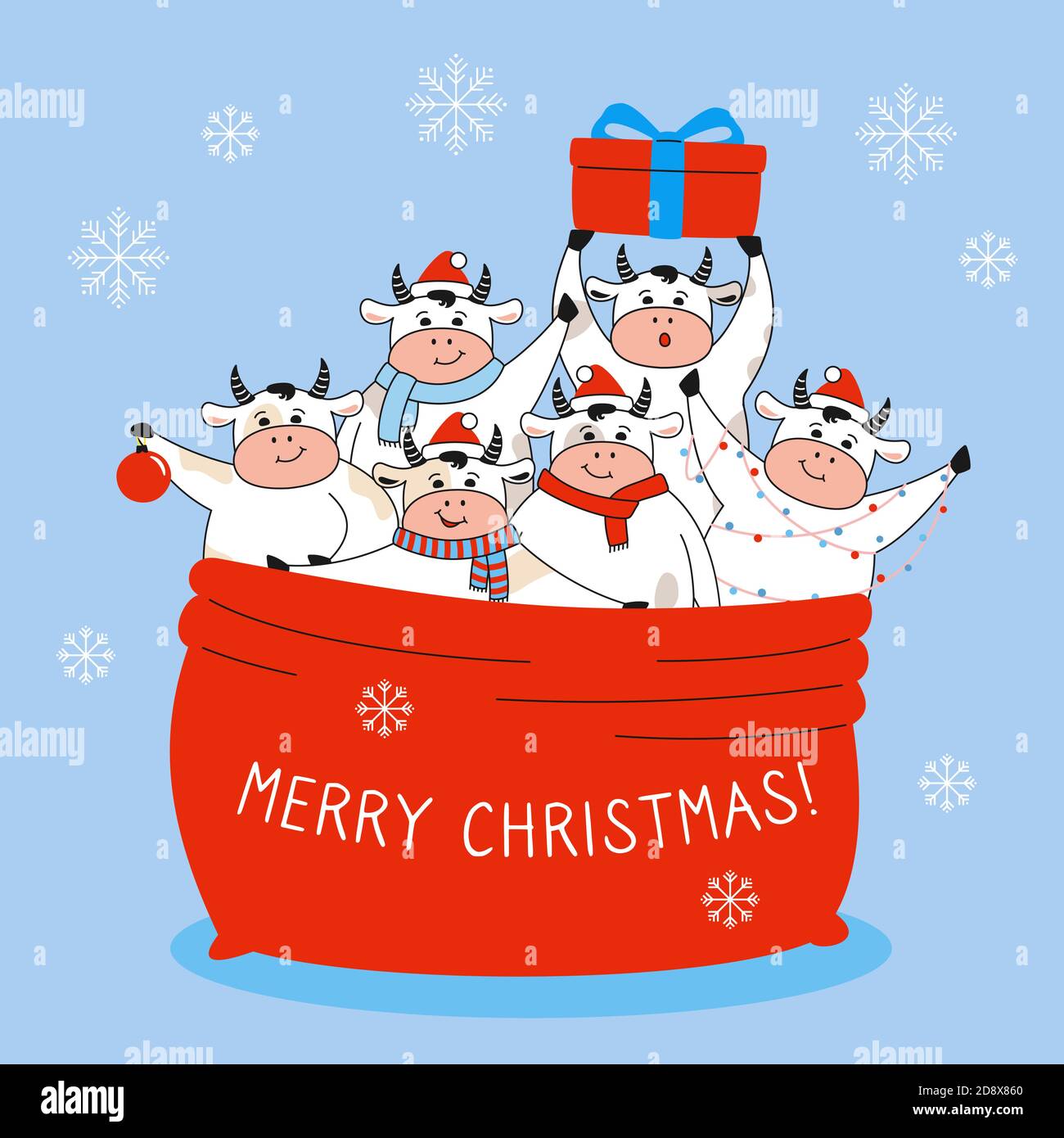 Carte de vœux de Noël, taureau en sac rouge père noël. Dessin animé de la vache, du buffle ou du veau, symbole du nouvel an. Joyeux Noël et Bonne Année. Vecteur de vacances de caractère animal dessiné à la main Illustration de Vecteur
