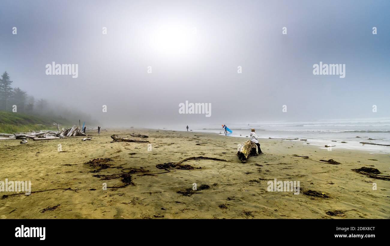 Les gens qui marchent sur la plage Sandy de Cox Bay dans un brouillard dense surplombant la plage et l'océan Pacifique au parc national Pacific Rim, sur l'île de Vancouver Banque D'Images