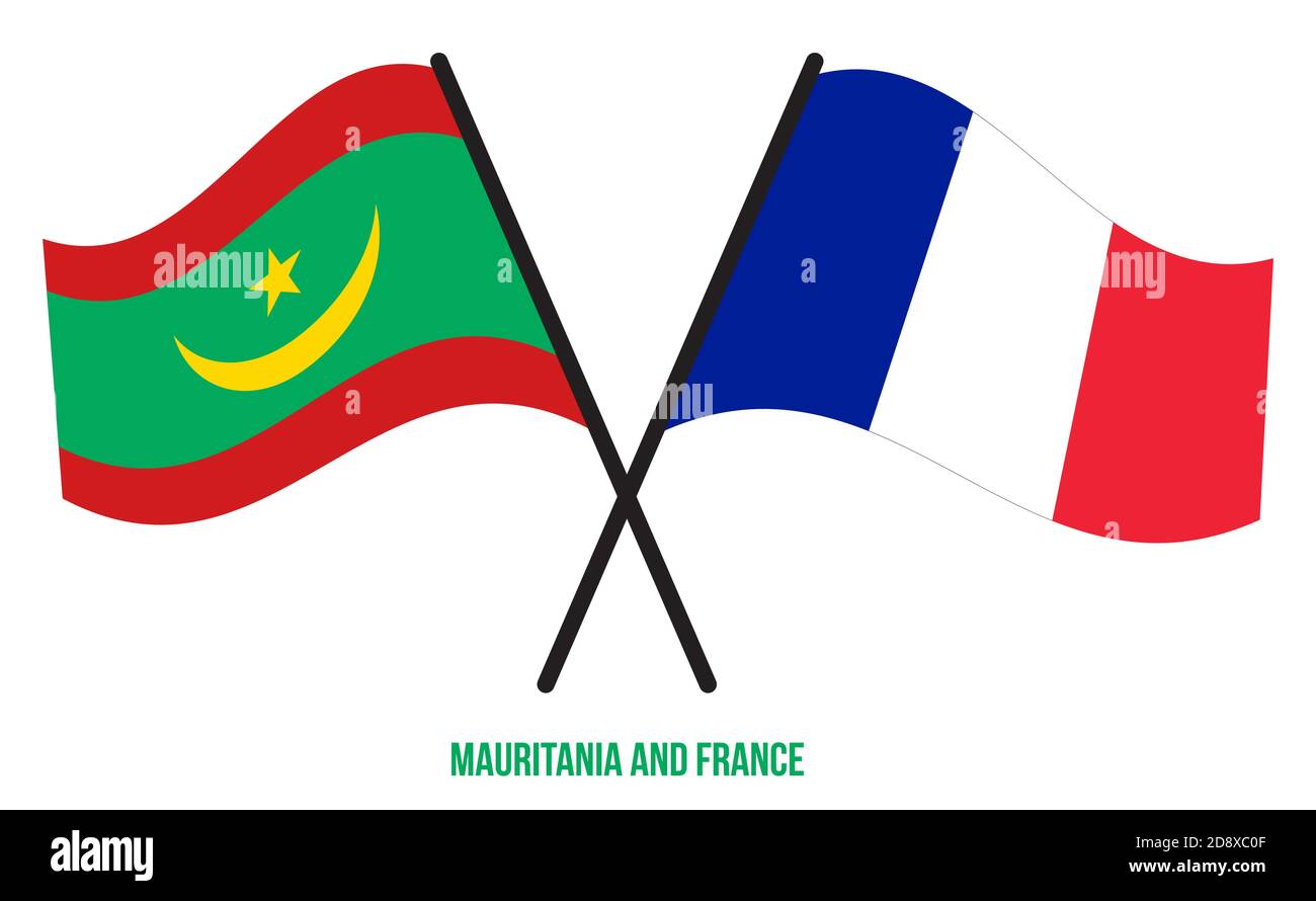 Mauritanie et France drapeaux croisés et ondulant de style plat