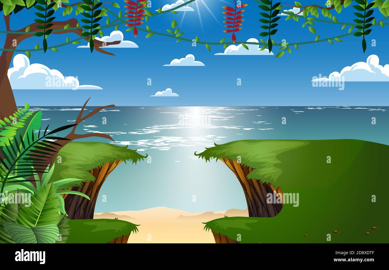 paysage de falaise sur la plage avec nuages et montagne arrière-plan Illustration de Vecteur