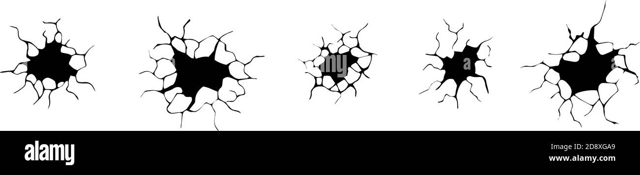 Jeu de fissures de masse. Tremblement de terre et fissures de terre, effet de trou, craquelure et texture de mur endommagée. Illustrations vectorielles tremblement de terre, accident, destruction Illustration de Vecteur
