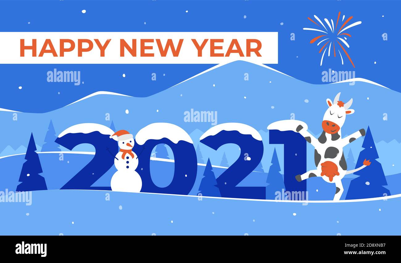 Illustration de l'accueil du bon an 2021 Vector avec vache et bonhomme de neige Illustration de Vecteur