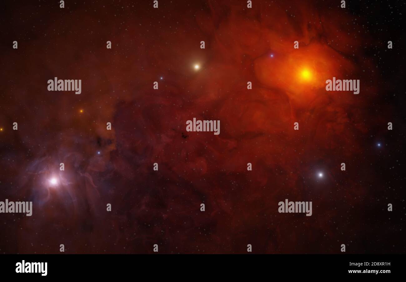 Étoiles dans la nébuleuse rouge dans l'espace. Illustration de rendu 3D. Banque D'Images