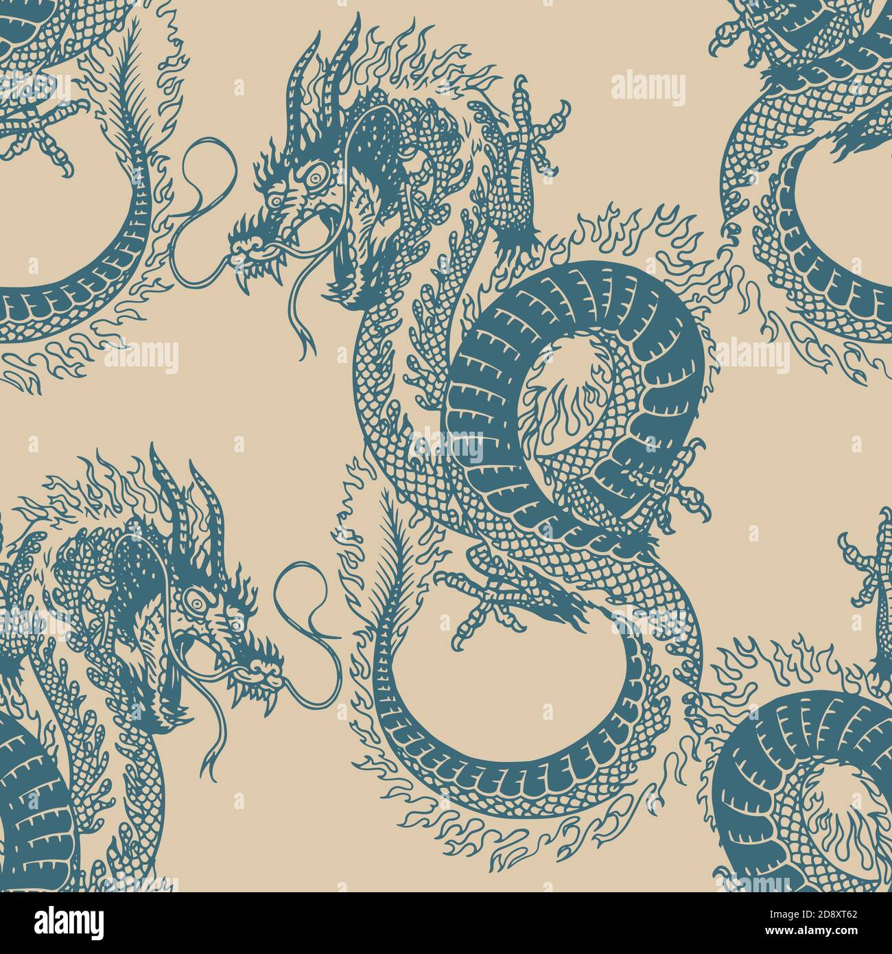 Dragon japonais. Motif sans couture. Affiche ou bannière animal mythologique ou reptile asiatique. Symbole pour tatouage ou étiquette. Gravé fait à la main Vintage Old Illustration de Vecteur