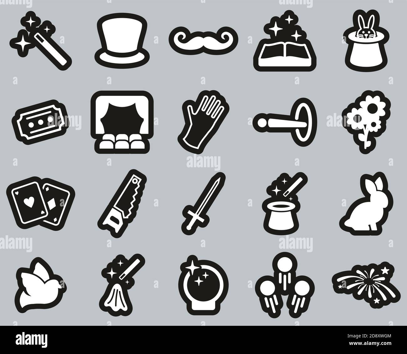 Magic & illusion Icons ensemble d'autocollants blanc sur noir grand Illustration de Vecteur