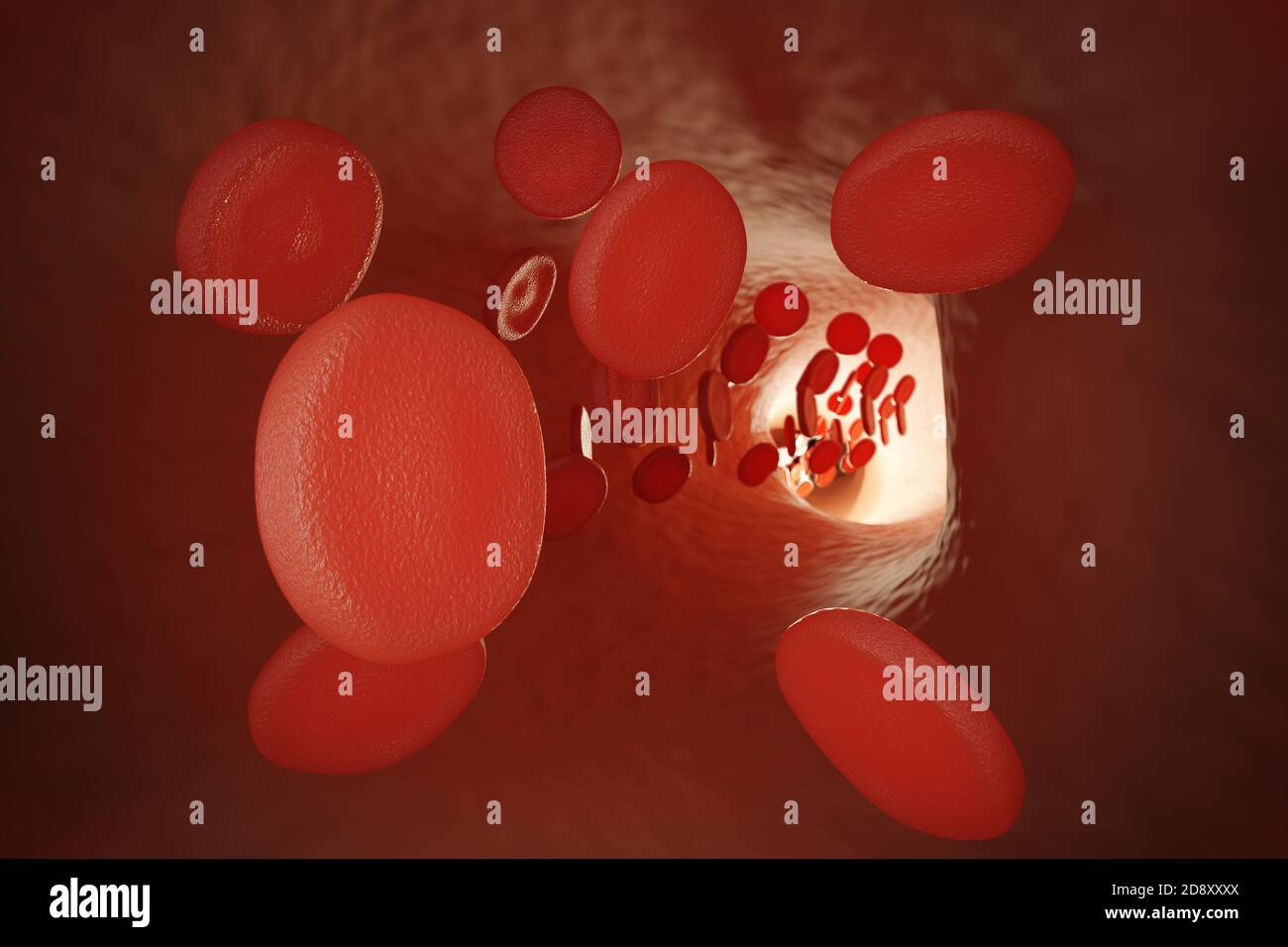 Vue rapprochée des globules rouges dans la veine humaine. Illustration de rendu 3D. Banque D'Images
