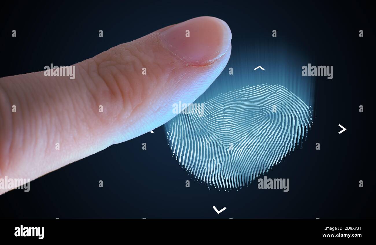 Numérisation de l'empreinte digitale du doigt. Biométrie et concept de sécurité. Banque D'Images