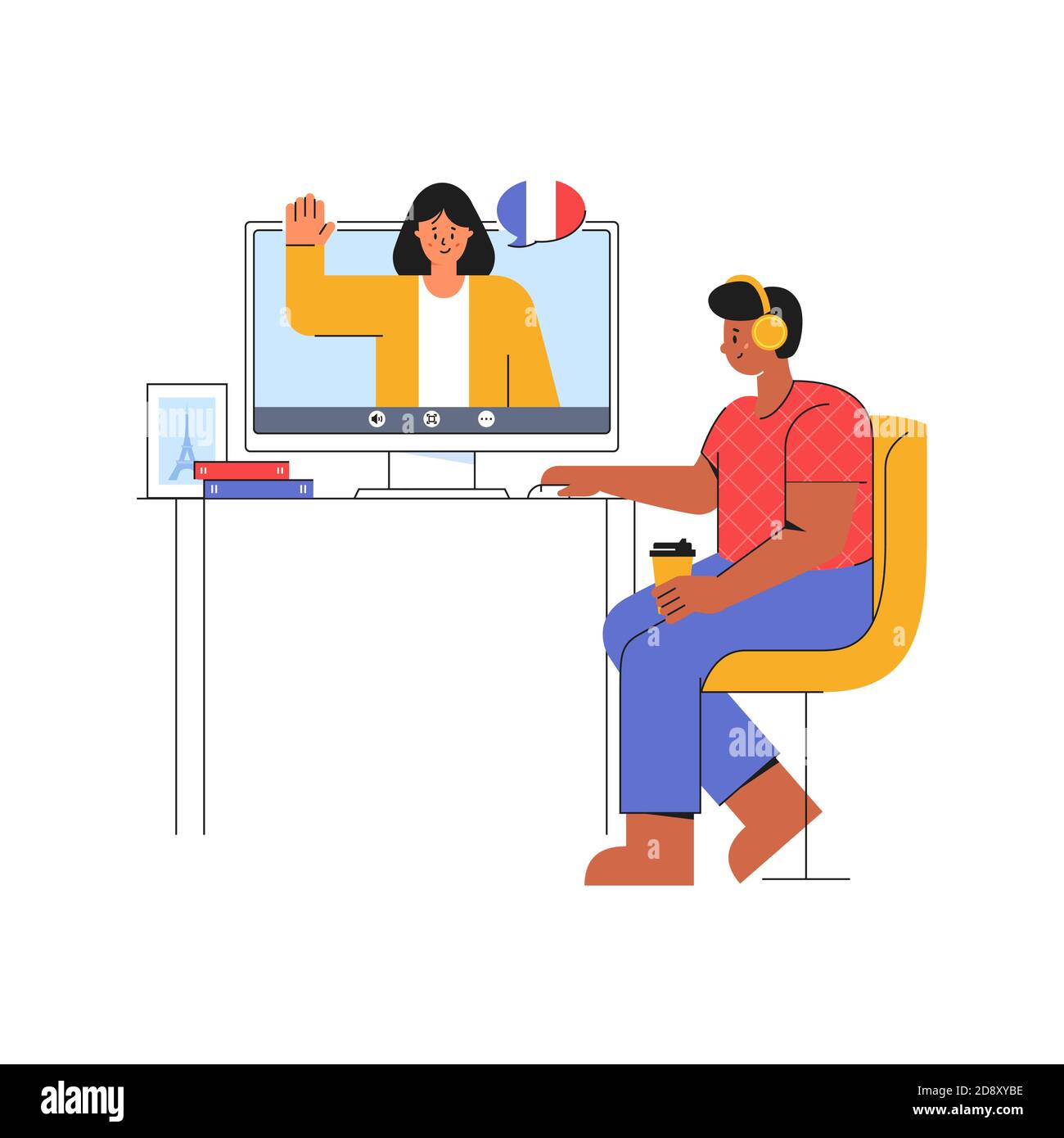 E-learning à la maison. Le jeune homme écoute le professeur de langue française. Cours en ligne sur le site Web. Concept d'enseignement à distance. Vecteur. Illustration de Vecteur