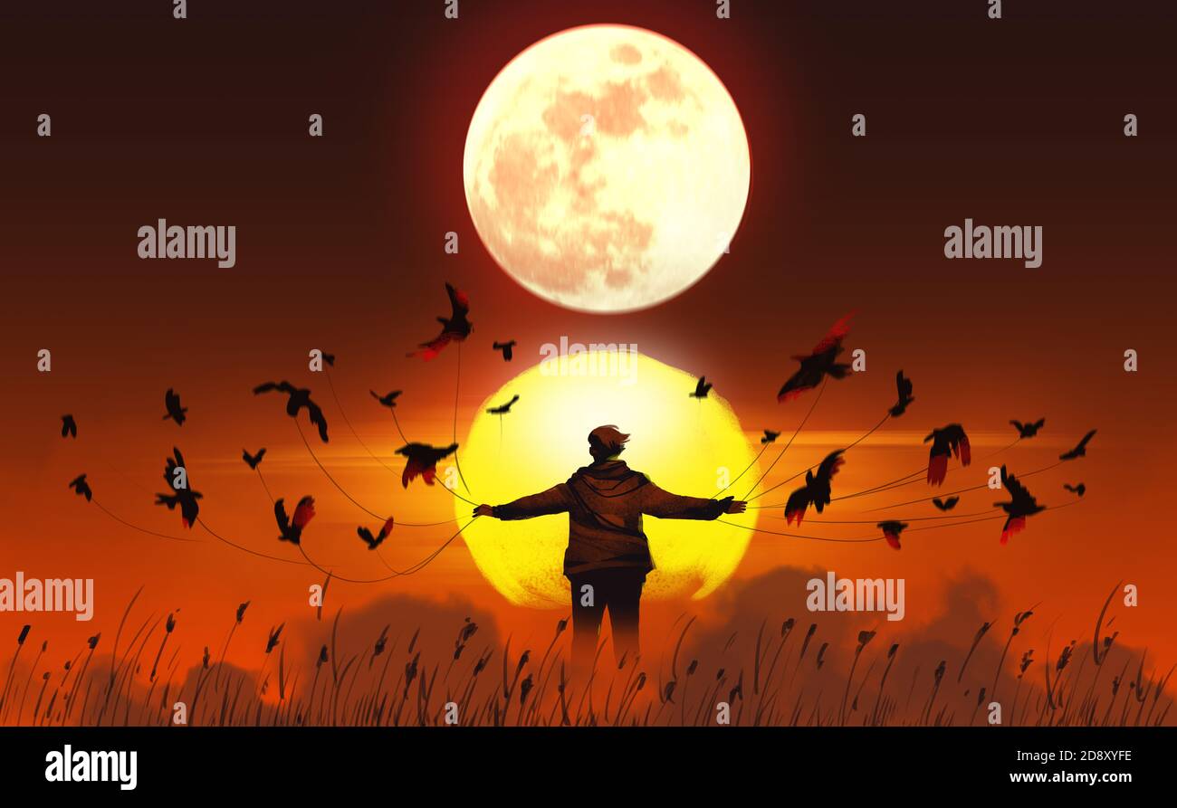 Illustration numérique peinture design style un homme avec des oiseaux dans des rituels surnaturels, contre le soleil et la lune. Banque D'Images