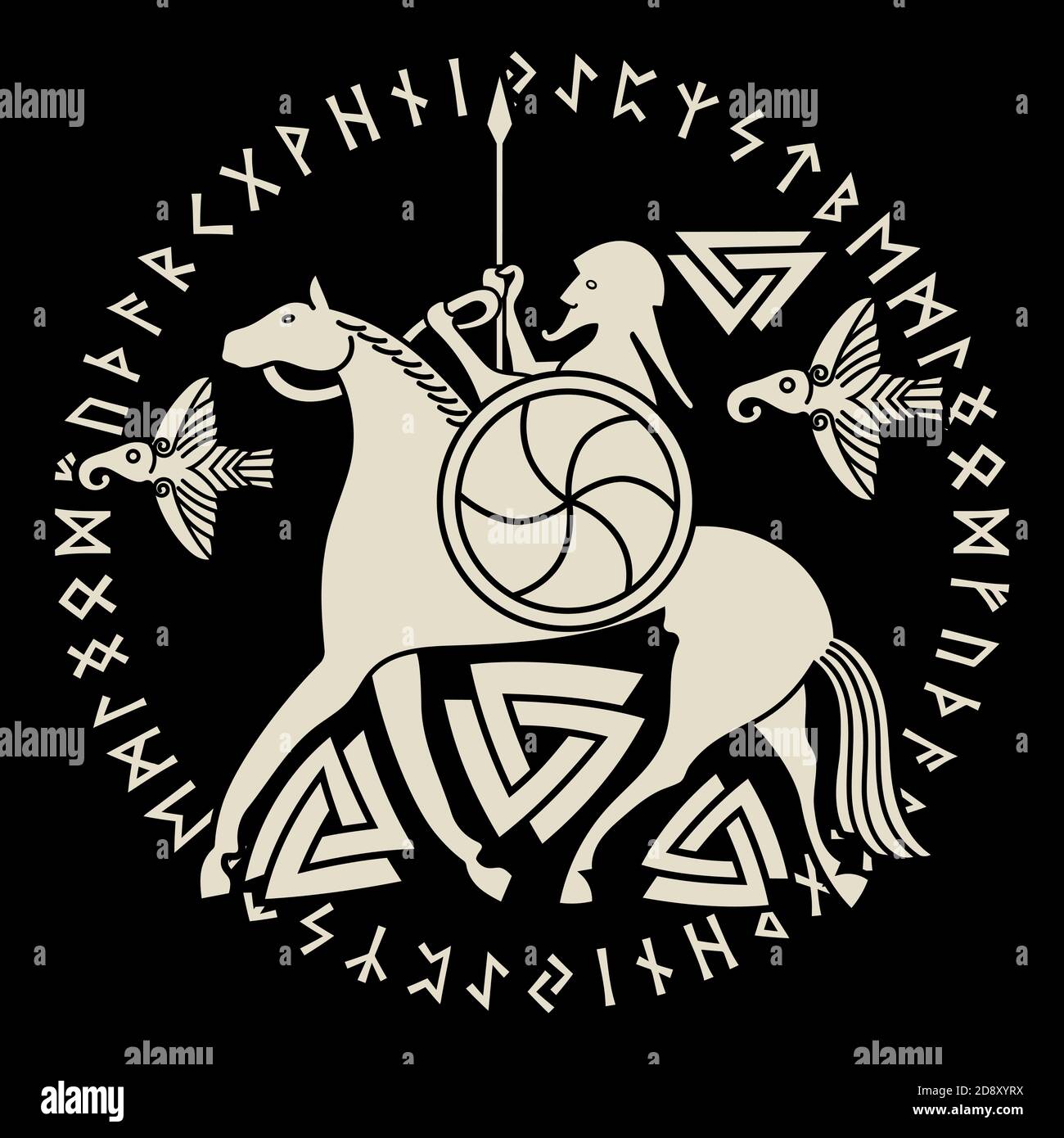 Ancien Dieu scandinave Odin, Dieu Odin sur le cheval Sleipnir et Norse runes. Illustration de la mythologie norse Illustration de Vecteur