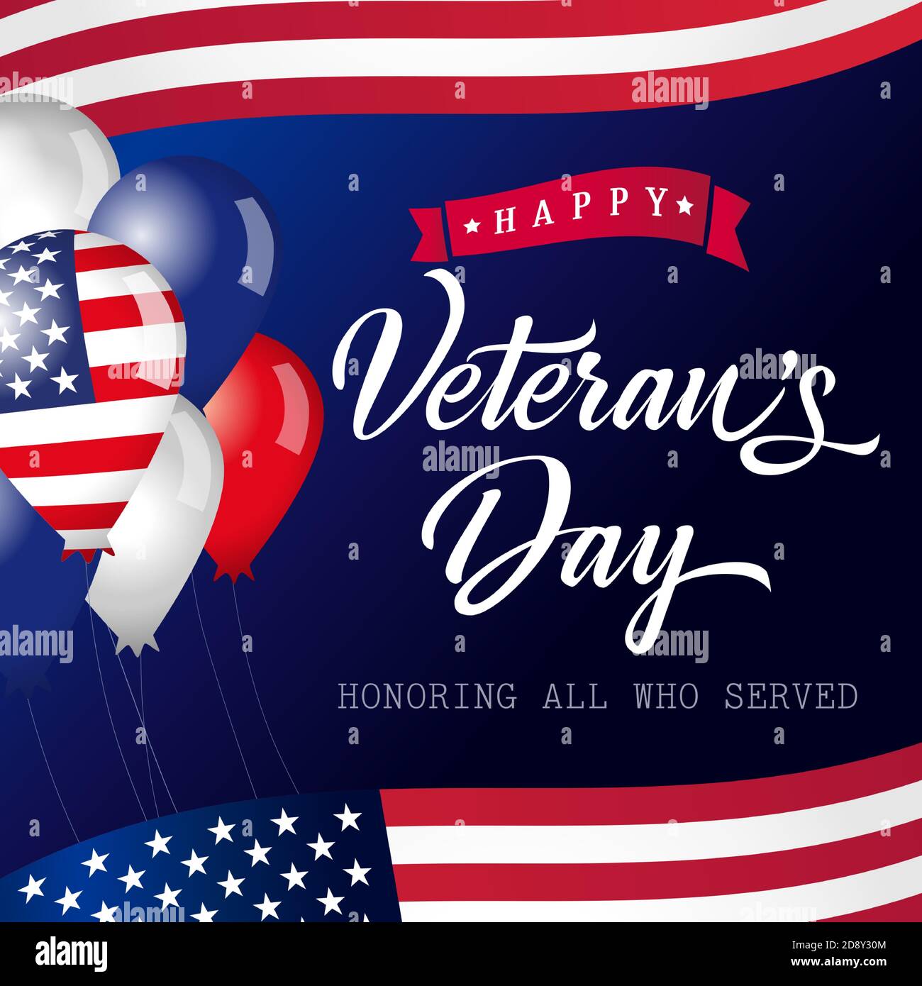 Bannière lettrage USA Happy Veterans Day. Honorer tous ceux qui ont servi la carte calligraphique. Merci aux anciens combattants américains qui se sont joints à des ballons et à des drapeaux Illustration de Vecteur