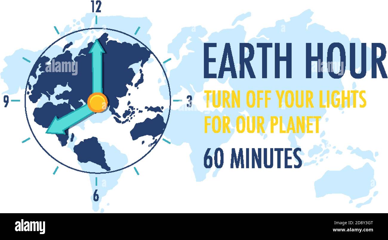 Affiche ou bannière de campagne « Earth Hour » éteignez vos lumières pour notre planète 60 minutes de texte sur fond de carte du monde illustration Illustration de Vecteur