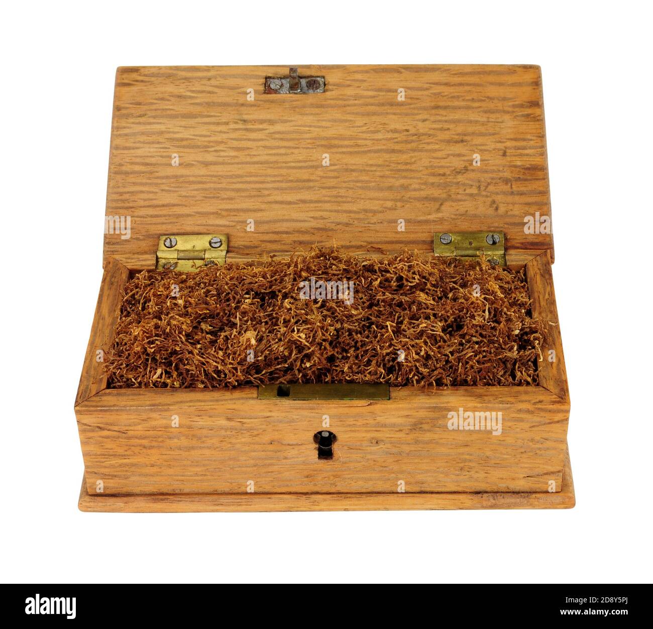 Ancienne boîte en bois remplie de tabac à rouler à la main déchiqueté ...