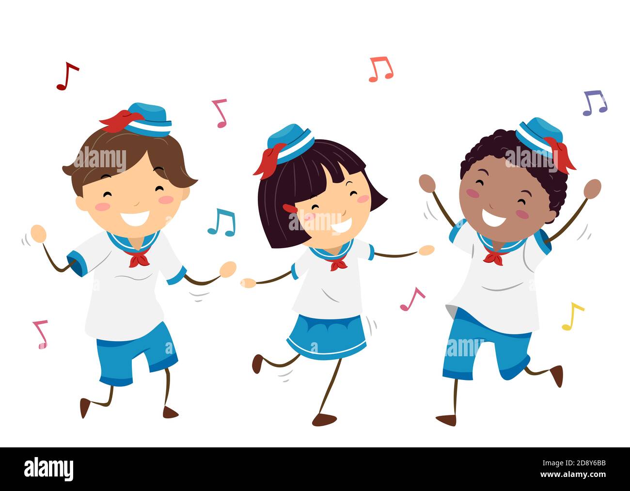 Illustration d'Stickman Kids portant l'uniforme de marin et dansant avec Notes de musique Banque D'Images