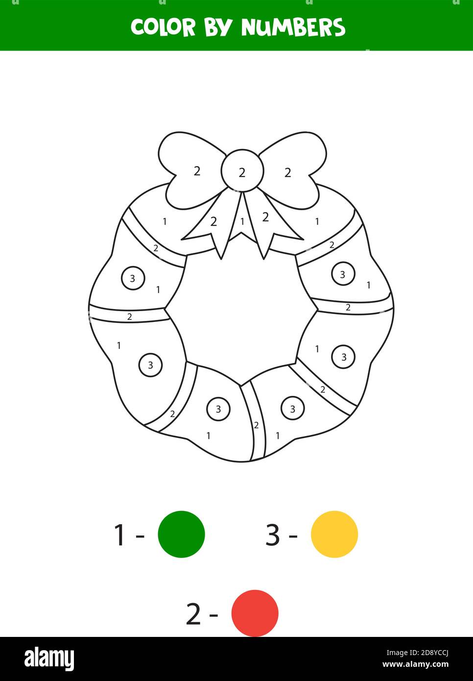 Feuille de calcul pour enfants. Colorer la couronne de Noël par numéro. Illustration de Vecteur