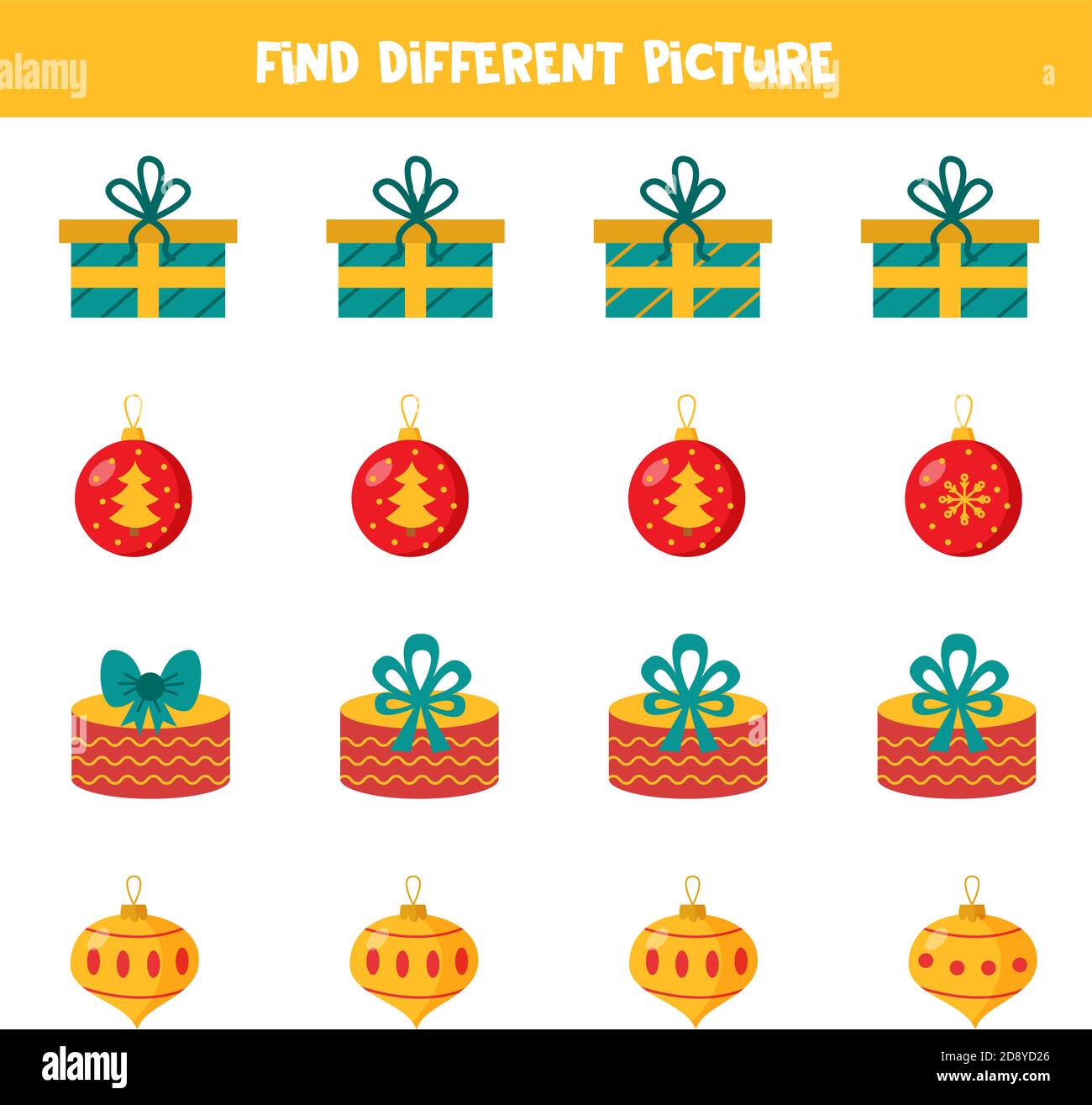 Trouvez différentes boules de Noël ou boîtes-cadeaux dans chaque rangée. Illustration de Vecteur