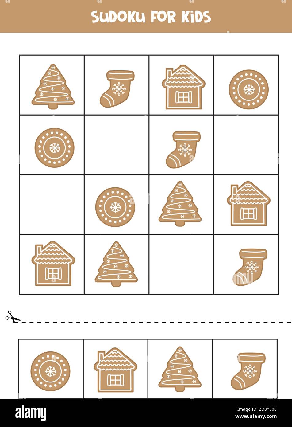 Sudoku avec biscuits de pain d'épice de Noël. Casse-tête pour les enfants d'âge préscolaire. Illustration de Vecteur
