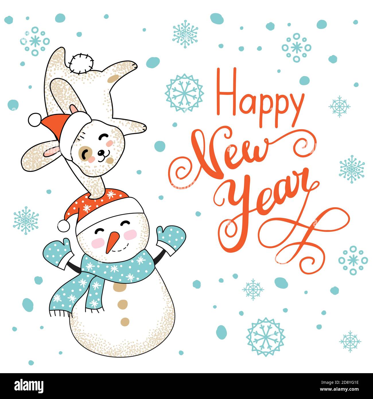 Carte de Noël félicitations joli lapin et bonhomme de neige Illustration de Vecteur