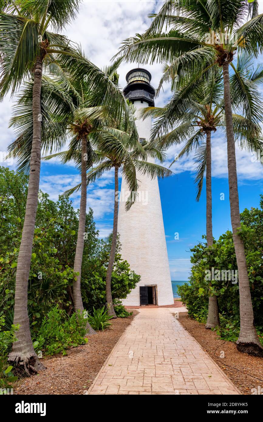 Palmiers autour du phare. Phare de Cape Florida, Key Biscayne, Miami, Floride, États-Unis Banque D'Images