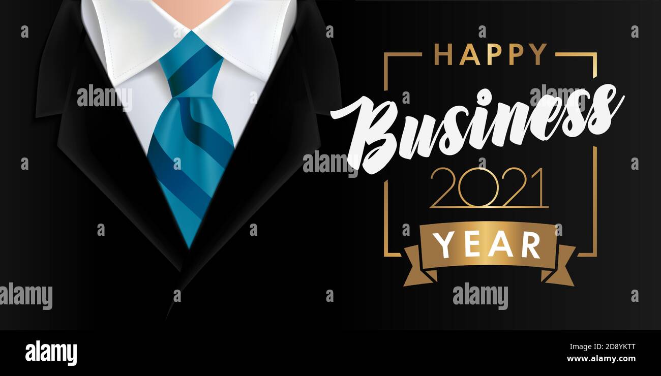 Bonne année 2021 conception d'arrière-plan. modèle de conception de la nouvelle année 2021. Costume d'homme d'affaires noir et cravate bleue avec texte. Illustration vectorielle Illustration de Vecteur