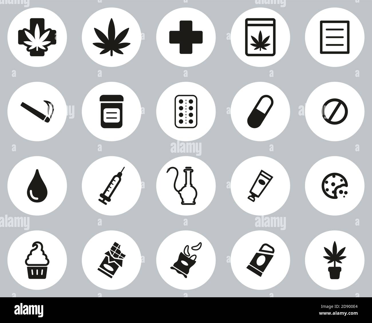 Medical marijuana Icons Black & White Flat Design Circle Set Grande Illustration de Vecteur