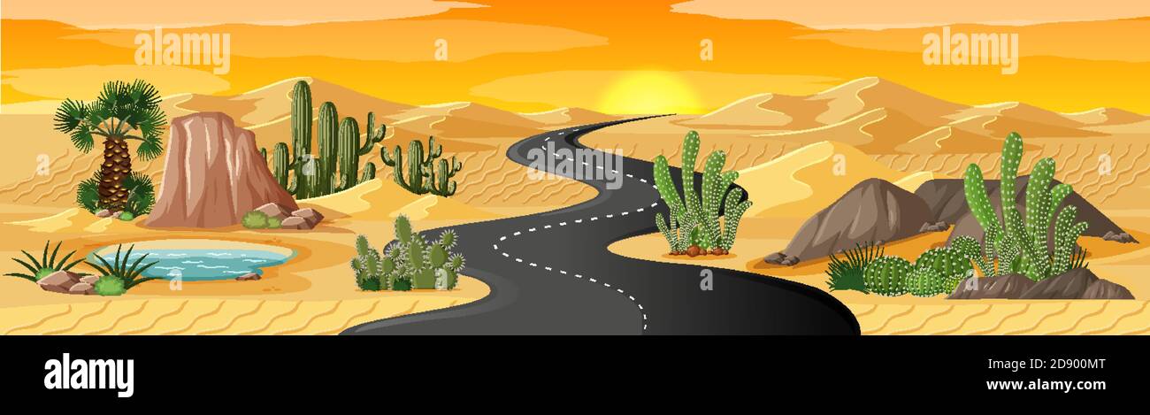 Oasis dans le désert avec illustration de la scène de paysage de longue route Illustration de Vecteur