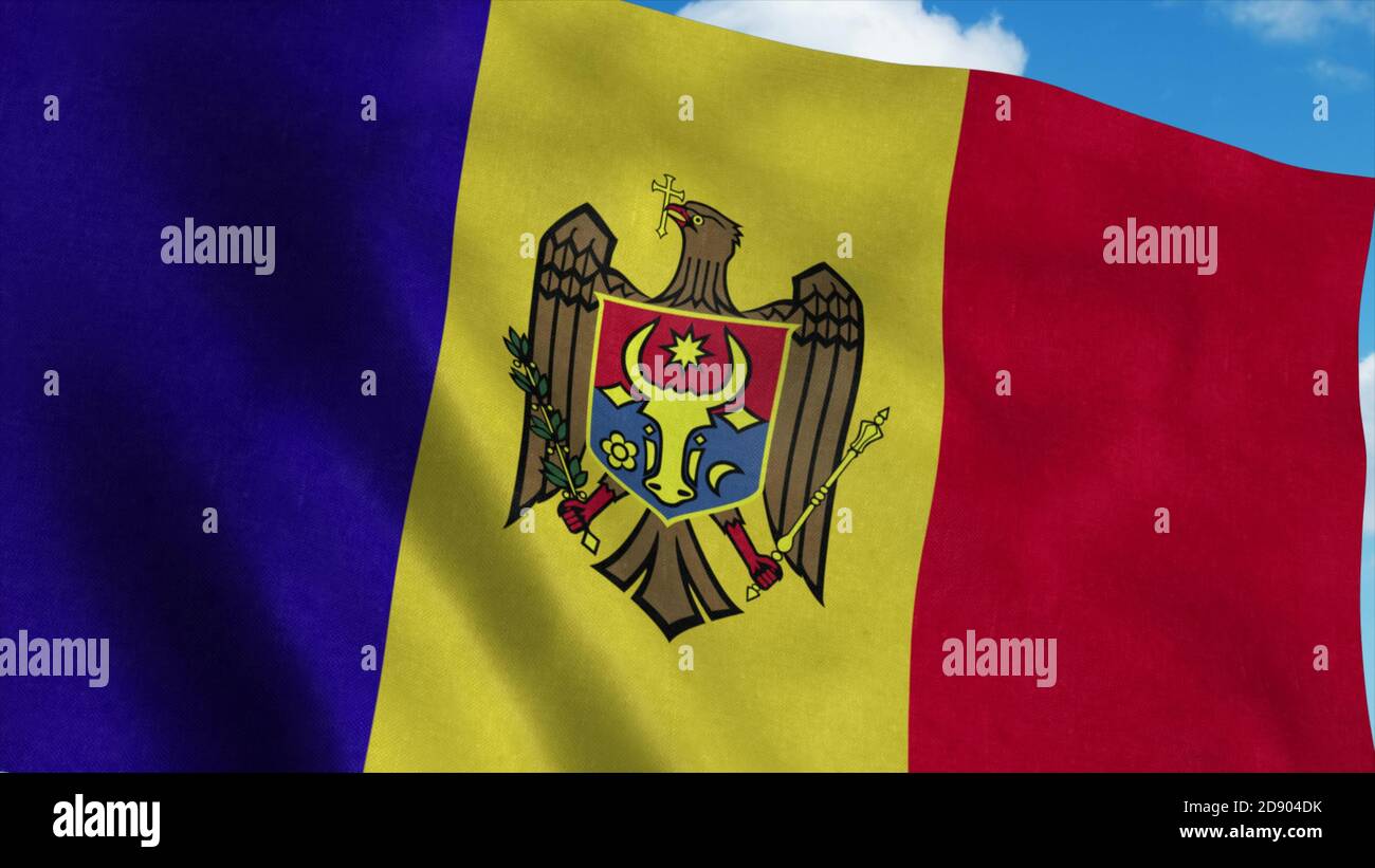 Drapeau de Moldavie sur un mât agitant dans le vent, fond bleu ciel. rendu 3d Banque D'Images