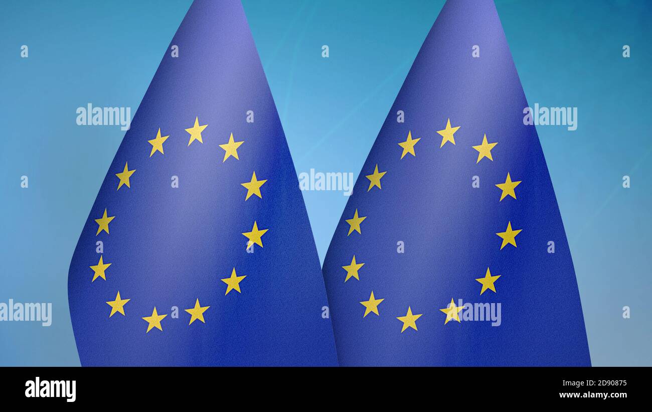 Union européenne deux drapeaux sur fond bleu Banque D'Images
