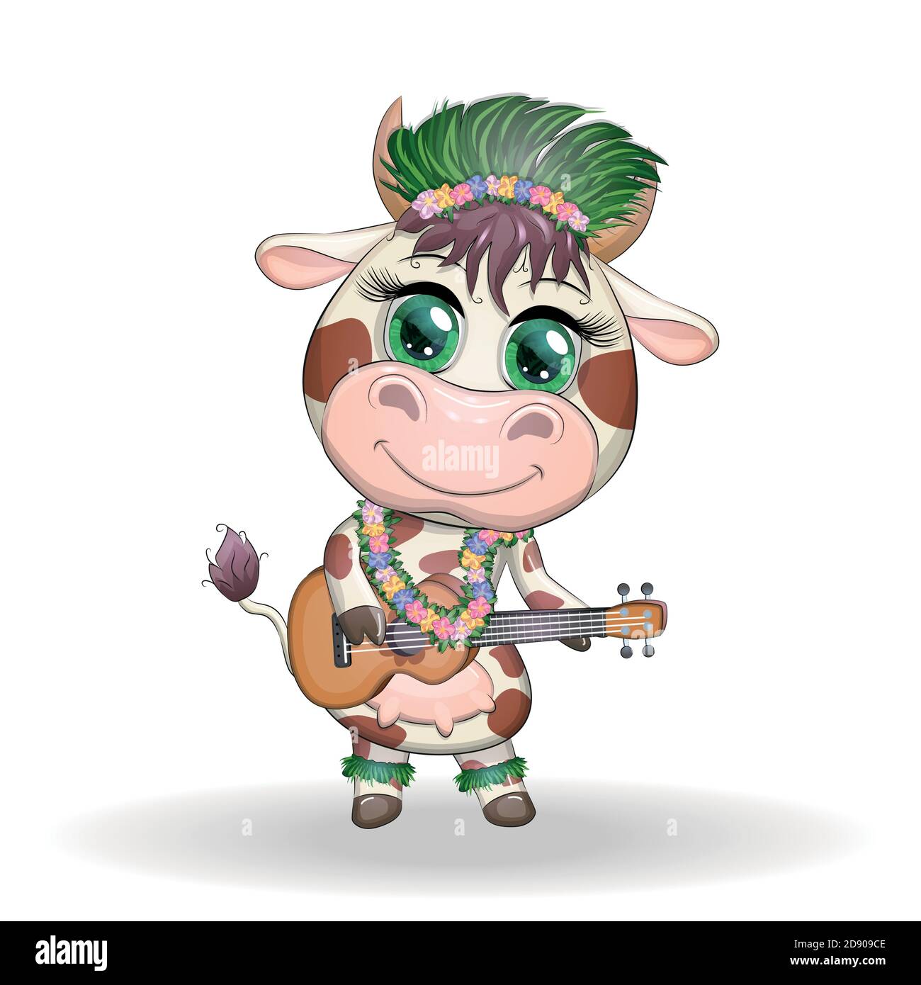 Mignon taureau de dessin animé, vache avec de beaux yeux, danseur hawaïen  hula personnage avec ukulele guitare parmi les feuilles, fleurs. Nouvel an  chinois mignon taureau Image Vectorielle Stock - Alamy