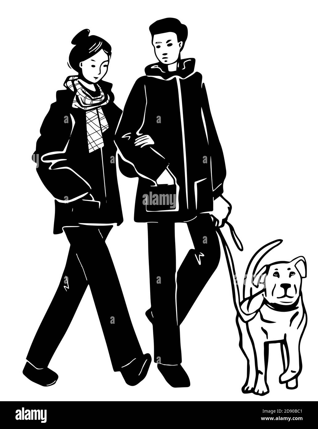 Silhouette de couple mignon marchant avec un chien. Jeune homme et femme amoureux. Esquisse dessinée à la main noir blanc illustration vectorielle Illustration de Vecteur