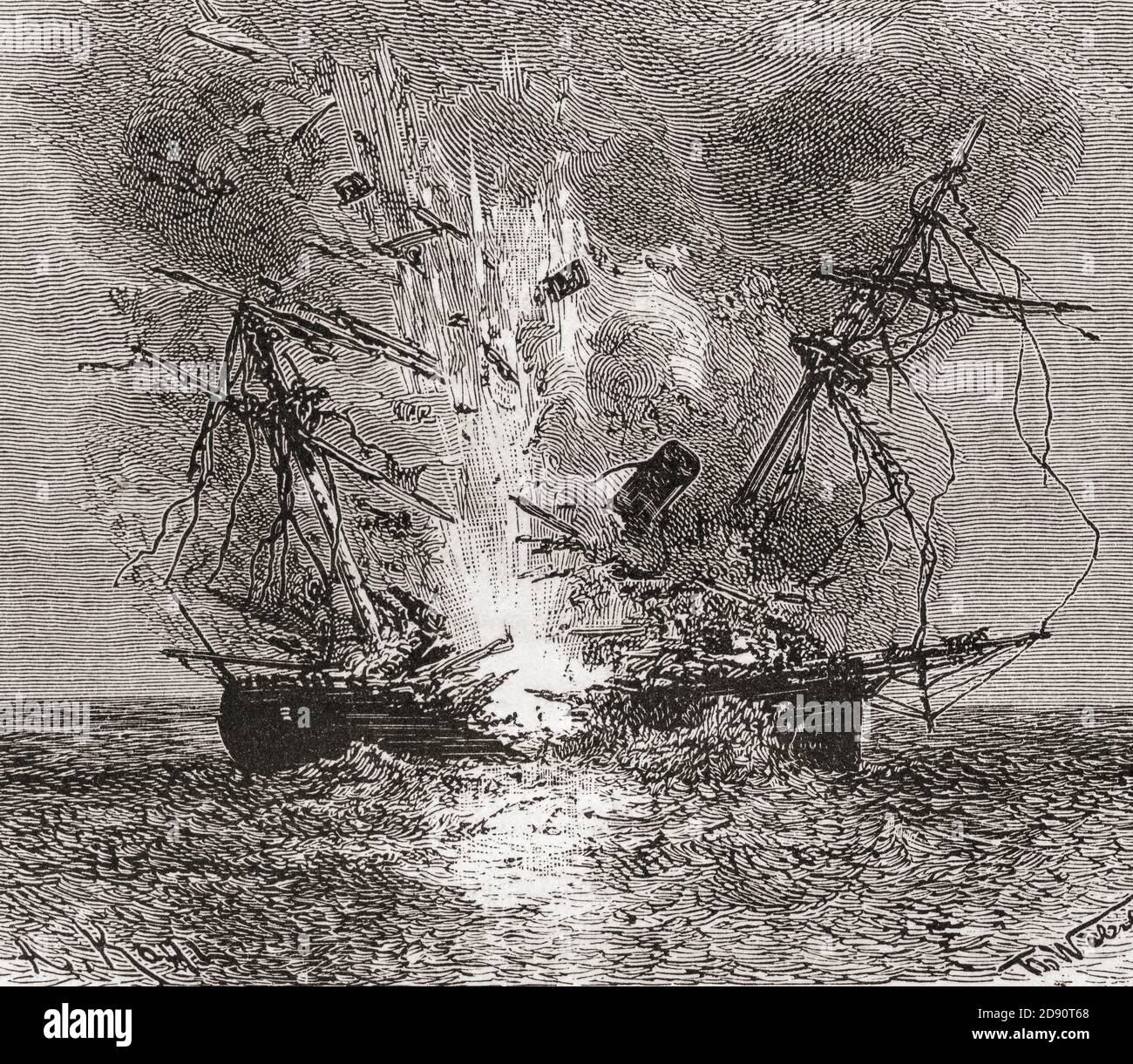 L'USS Commodore Jones ferryboat détruit par une mine à feu électrique en 1864 sur la rivière James, pendant la guerre civile américaine. De la Bibliothèque des Merveilles, publié en 1888. Banque D'Images
