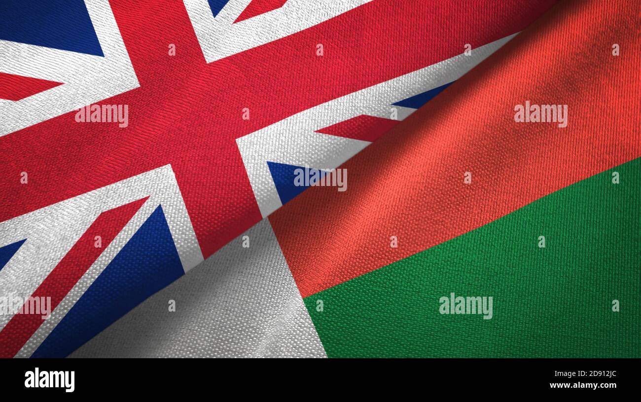 Royaume-Uni et Madagascar deux drapeaux tissu textile, texture de tissu Banque D'Images