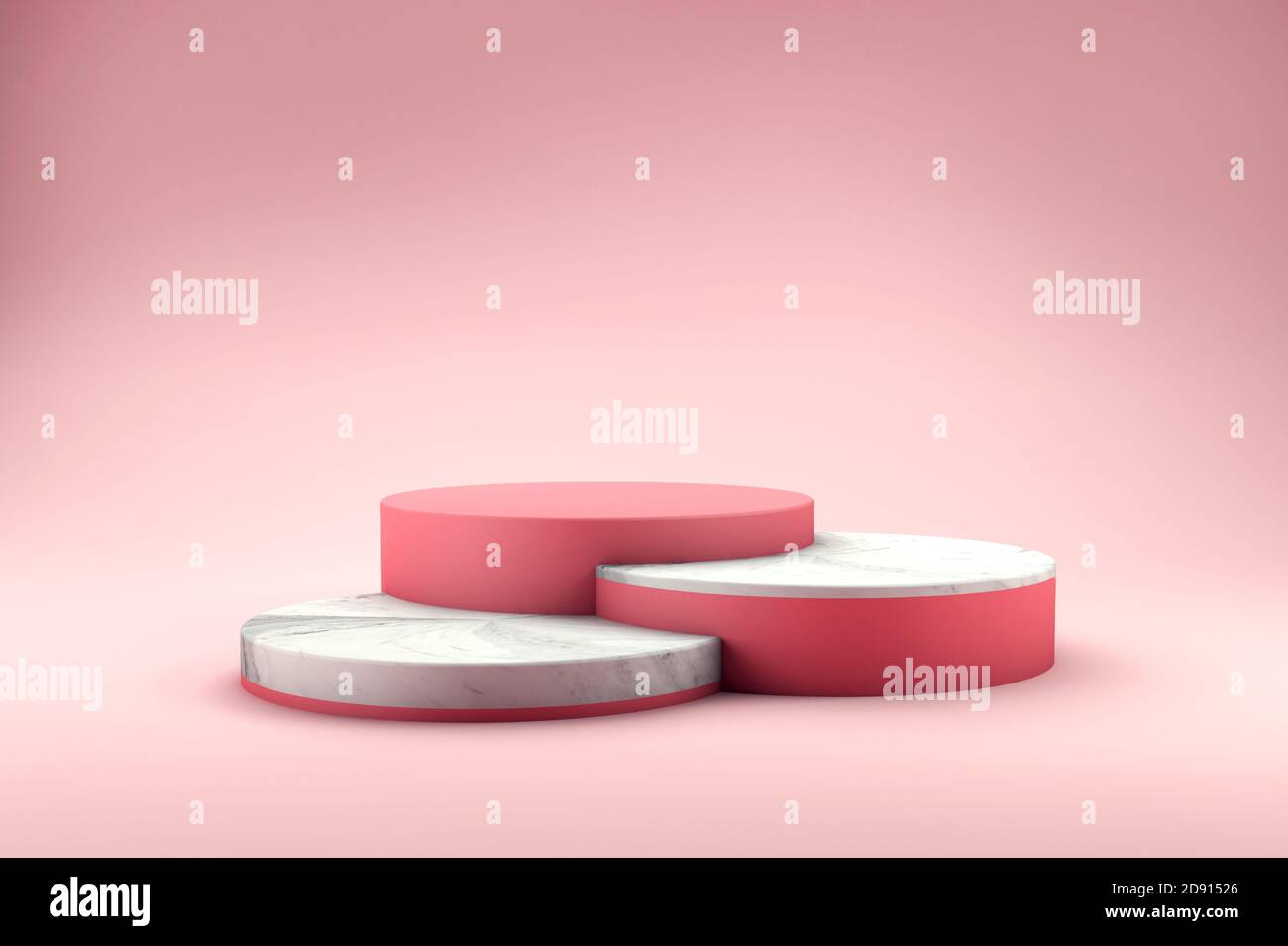 Rendu 3D de trois podiums roses et en marbre sur fond rose pour la scène de présentation du produit. Plate-forme d'affichage Banque D'Images