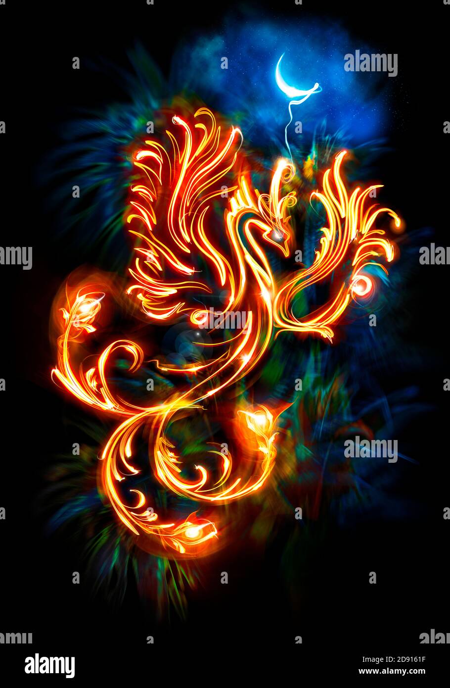 phoenix dessiné dans la peinture numérique de lumière avec arrière-plan abstrait Banque D'Images