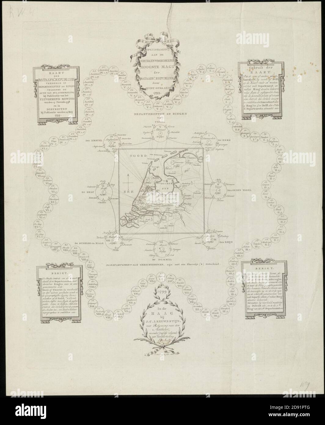 Kaart der Bataafse Republiek verdeeld in Departementen en Ringen volgens de Acte van Staatsregeling bij Publicatie van het Uitvoerend Bewind van den 17 novembre 1798 en in distritten bij Pub, Banque D'Images