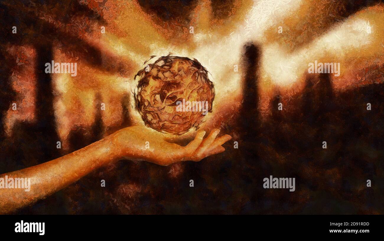 Boule lumineuse dans une main femelle. Un flash de lumière et silhouettes de maisons en arrière-plan. Travail artistique sur le thème de l'apocalypse Banque D'Images