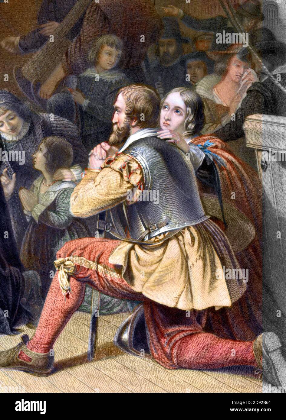 Myles Standish (C. 1584-1656) Avec Sa Femme, Rose. Détail D'un Tableau  Intitulé Embarquement Des Pèlerins, Gravure De Samuel Bellin À Partir D'une  Œuvre Originale De Robert W. Weir, 1844. Standish Était Un