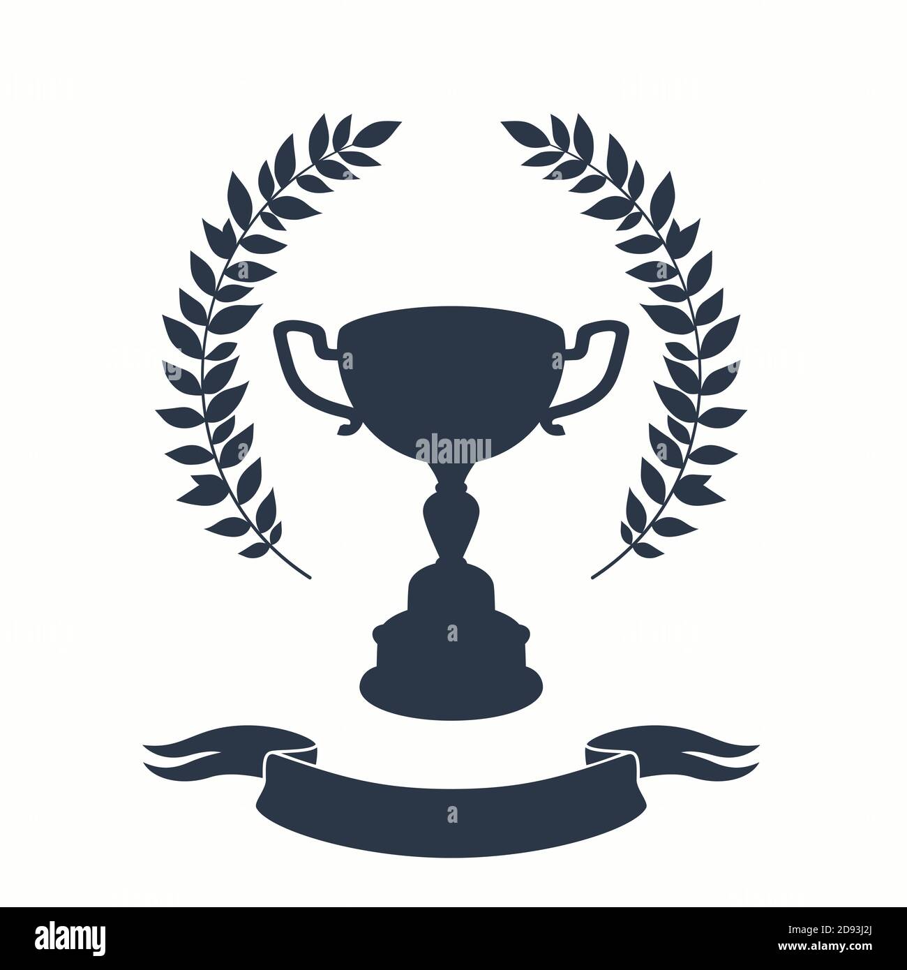 Coupe trophée. Silhouette noire de la coupe avec couronne de Laurier et ruban sur fond blanc Illustration de Vecteur