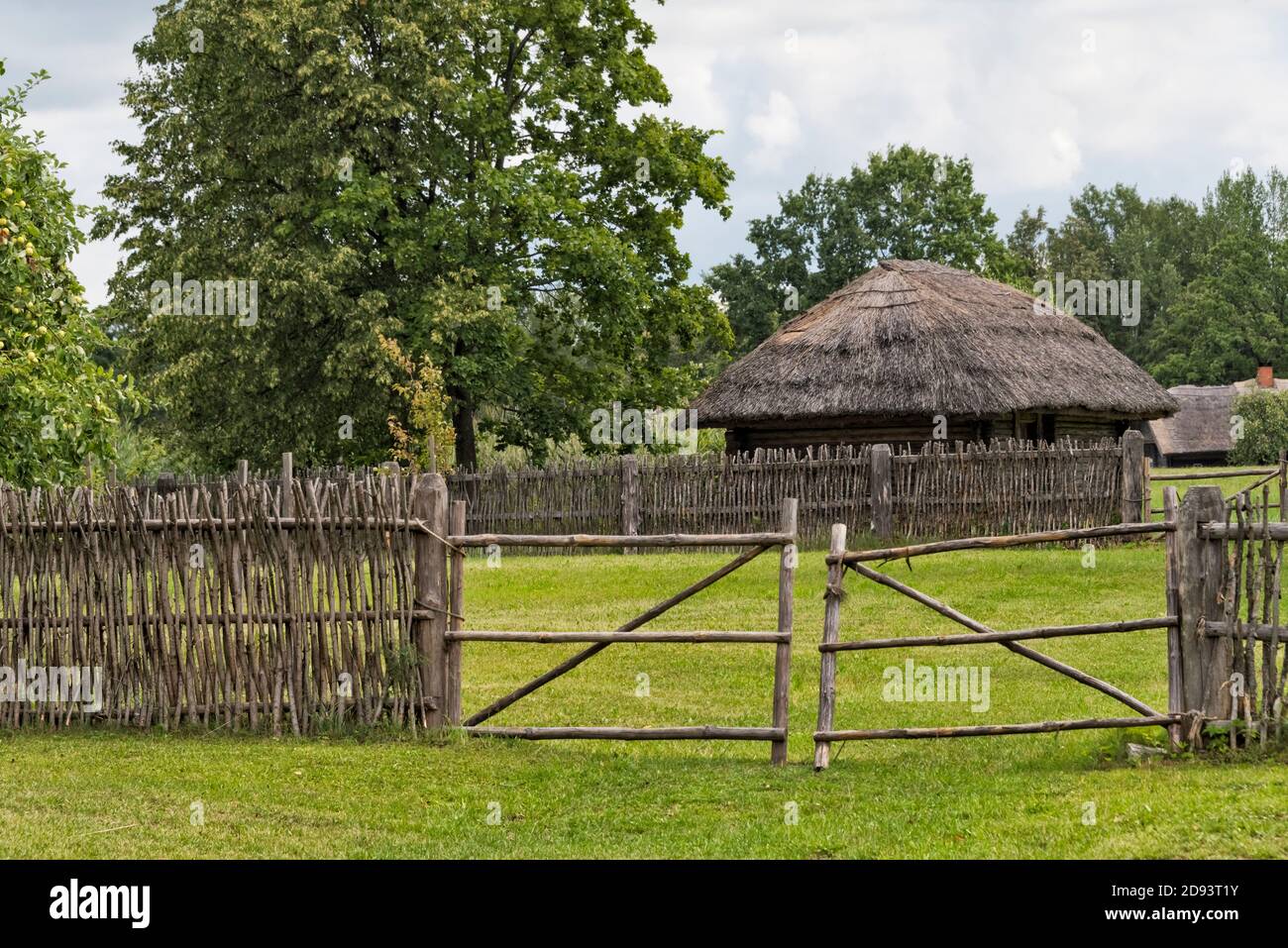 Maison en bois avec toit de chaume au musée ethnographique en plein air de Rumsiskes, Lituanie Banque D'Images