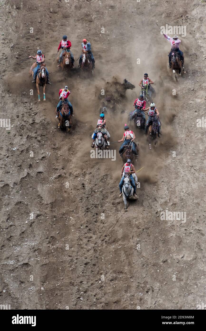 Course suicide, cow-boy sur la course de chevaux du haut de la falaise escarpée à la rivière, Omak Stampede, Washington State, Etats-Unis (course suicide fait partie de la TH Banque D'Images