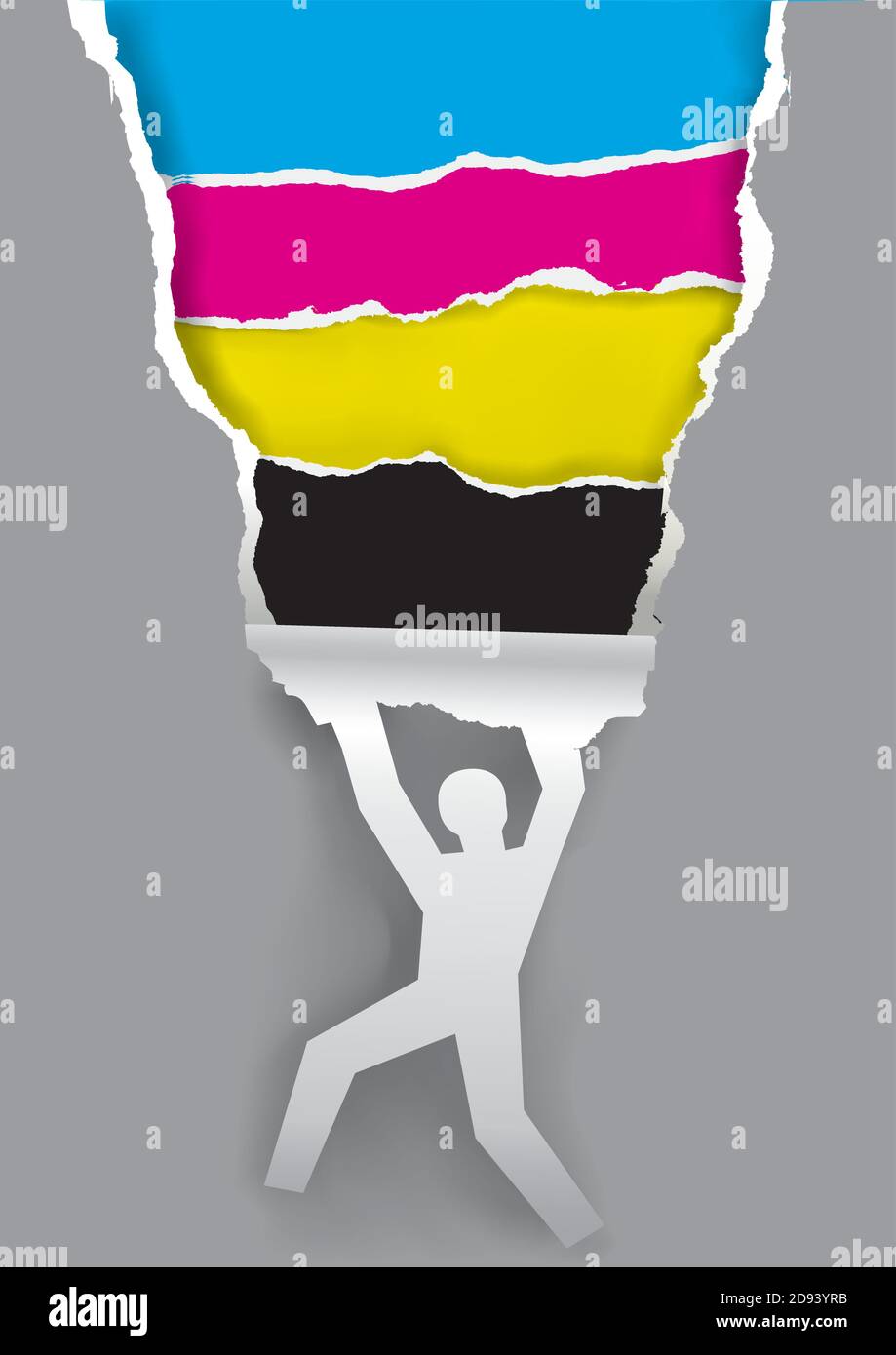 Papier homme déchirant le papier silhouette avec des couleurs d'impression. Concept de présentation de l'impression couleur. Modèle de bannière. Vecteur disponible. Illustration de Vecteur
