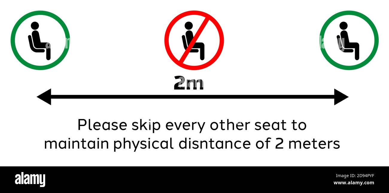 Consignes relatives aux places assises pour les lieux publics. Pictogramme pour encourager les gens à maintenir une distance physique ou sociale de 2 mètres jusqu'à la répartition de COVID-19. Illustration de Vecteur