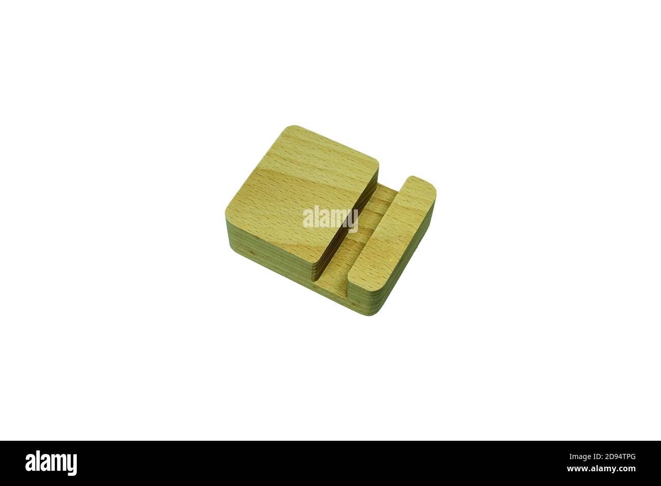 Support en bois pour téléphone portable isolé sur fond blanc avec masque Banque D'Images