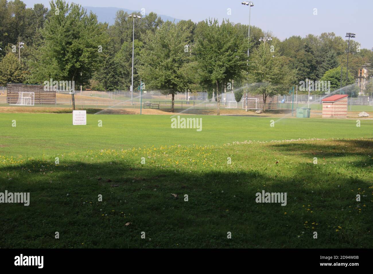 Un terrain de football avec trois arroseurs d'eau l'arrosoir une journée ensoleillée avec des arbres et des bâtiments en arrière-plan Banque D'Images